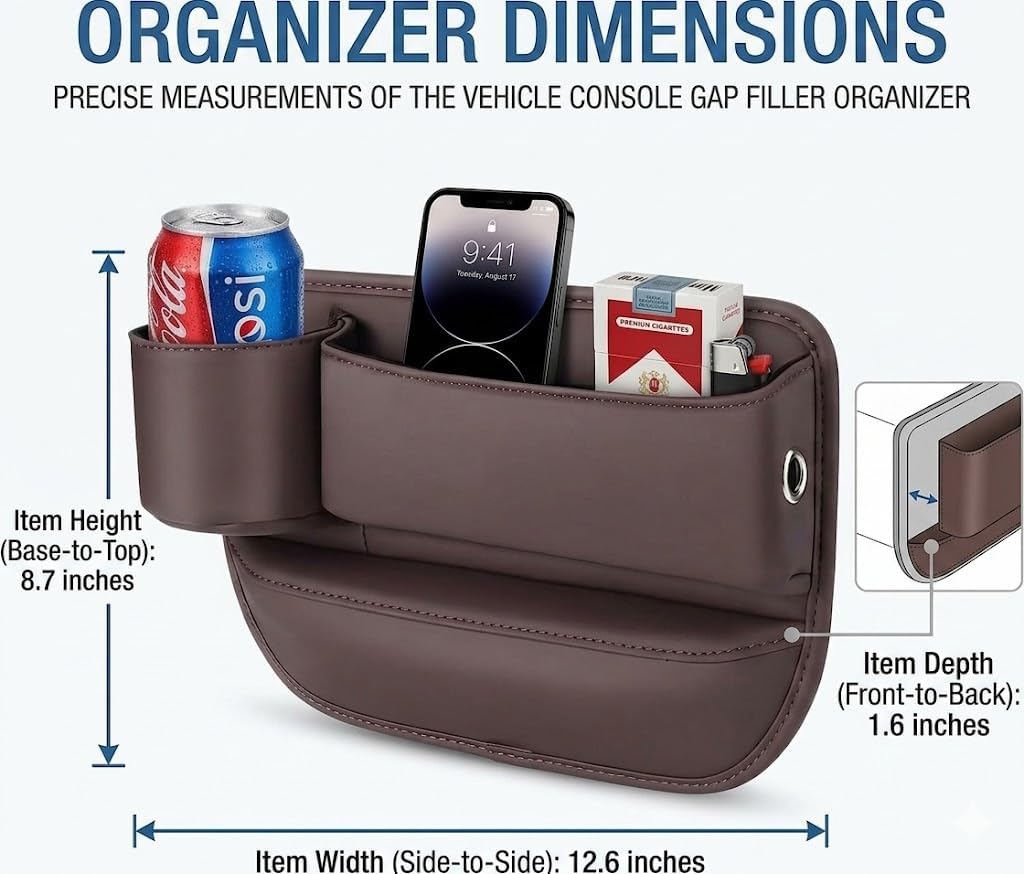 Car Seat Gap Filler Organizer with Cup Holder, Premium Leather Seat Gap Filler, Anti-Drop Car Seat Gap Organizer for Phone, Keys & Wallet, Universal Front Seat Console Organizer for Car, SUV & Truck