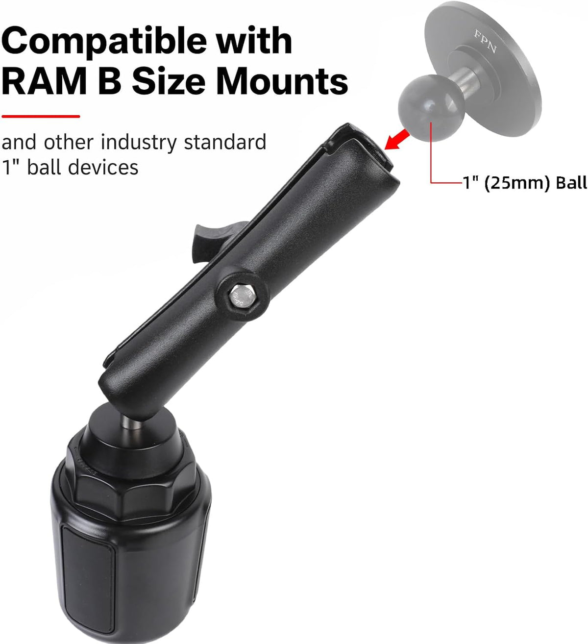 1" Ball Cup Holder Mount Base with Aluminum Long Double Socket Arm