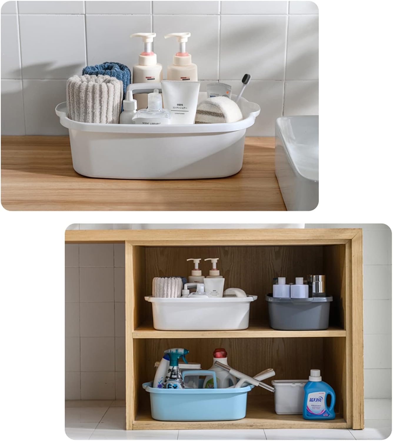 Large Cleaning Supplies Caddy Portable Shower Basket Supply Organizer with Handle Plastic Bucket Tool Storage for Bathroom, Bedroom, Kitchen, College Dorm, Garden, White