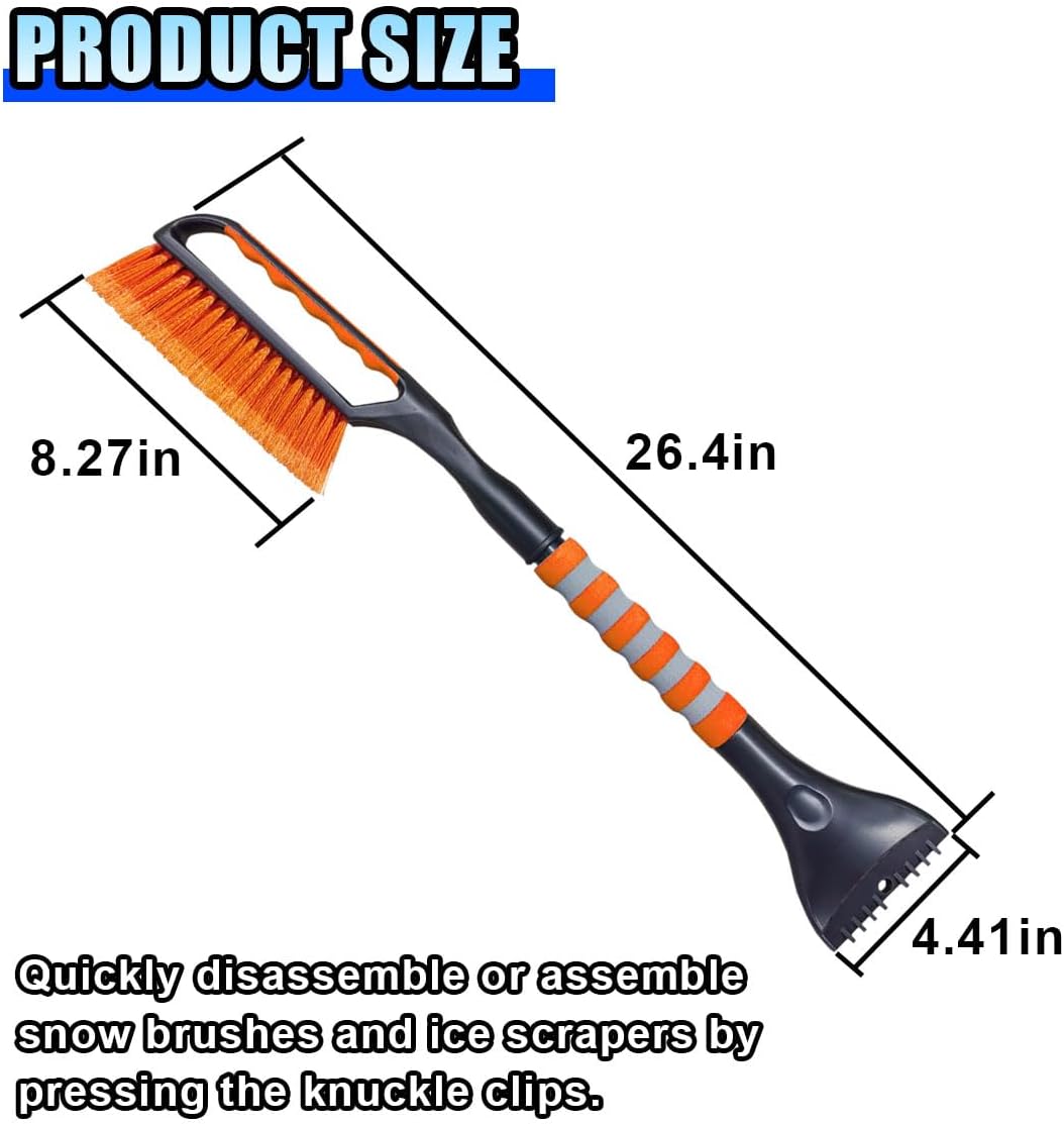 26.4" Ice Scraper and Snow Brush for Car Windshield, 2 in 1 Winter Detachable Window Deicer with Foam Grip, Snow and Ice Removal Tool Accessories for Car, SUV, Truck (Orange)