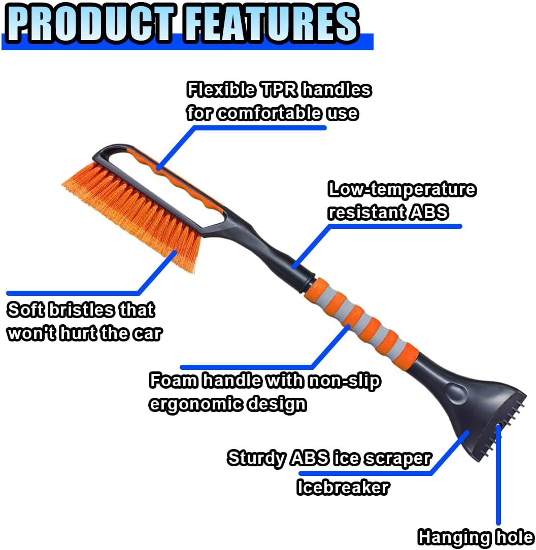 26.4" Ice Scraper and Snow Brush for Car Windshield, 2 in 1 Winter Detachable Window Deicer with Foam Grip, Snow and Ice Removal Tool Accessories for Car, SUV, Truck (Orange)