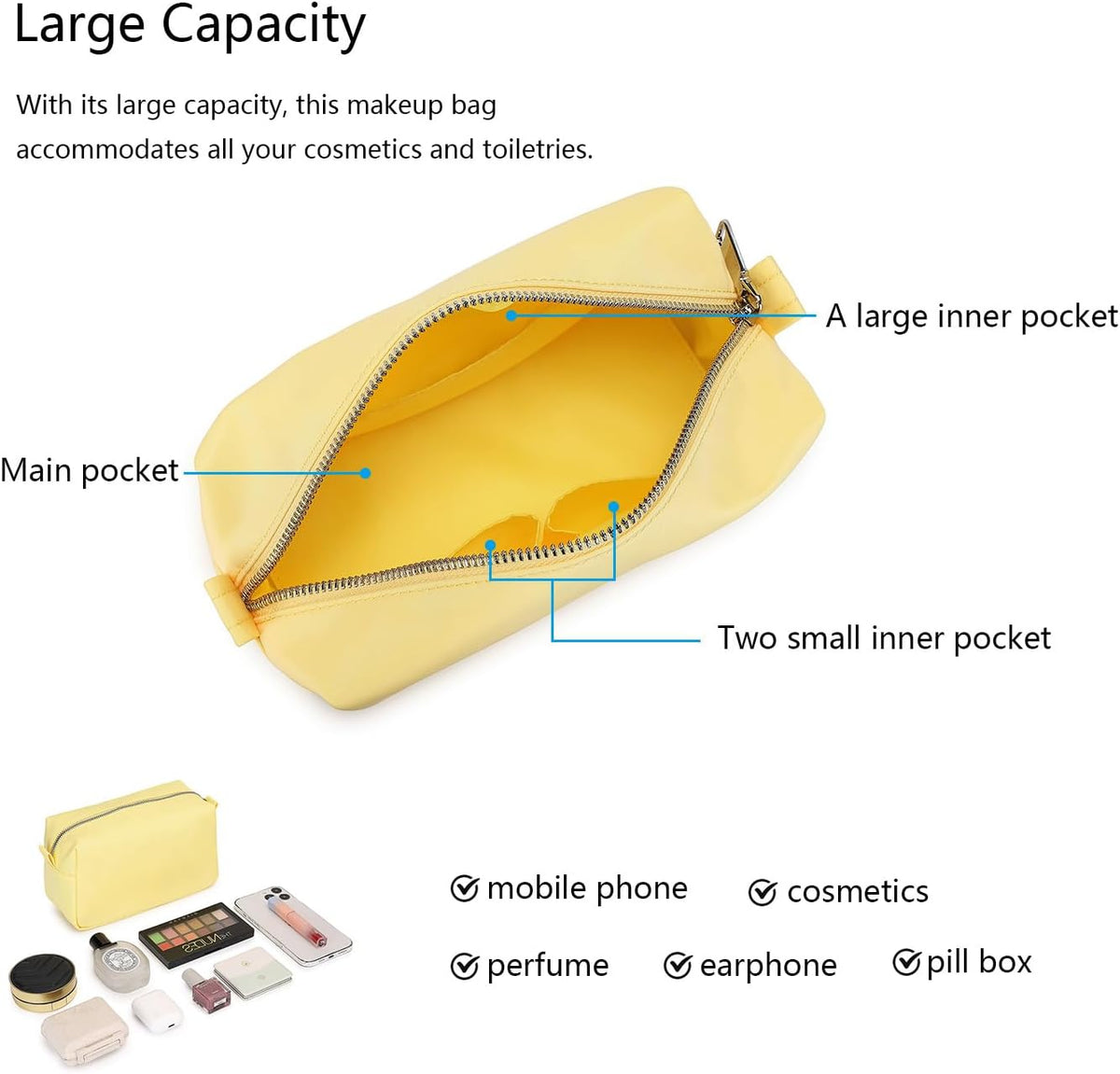 Travel Makeup Bag, Ring Clasp Wristlet Organizer (Yellow)