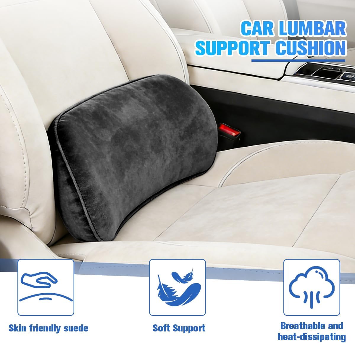 Car Lumbar Support Pillow, Memory Foam Suede Vehicle Back Support Cushion for Pain Relief, Breathable Automotive Interior Seat Lower Back Pillow, Universal for SUV Van Truck (Black)