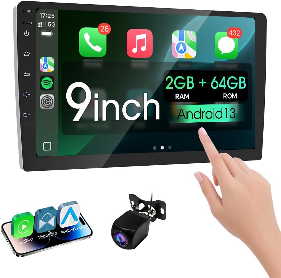 Haudio 9 inch Wireless Double Din Car Stereo,with Apple CarPlay and Android Auto Radio Screen,with Mirror Link, Bluetooth 5.0,1080P Backup Camera, AUX,FM/AM Transmitter|Double Din carplay Screen