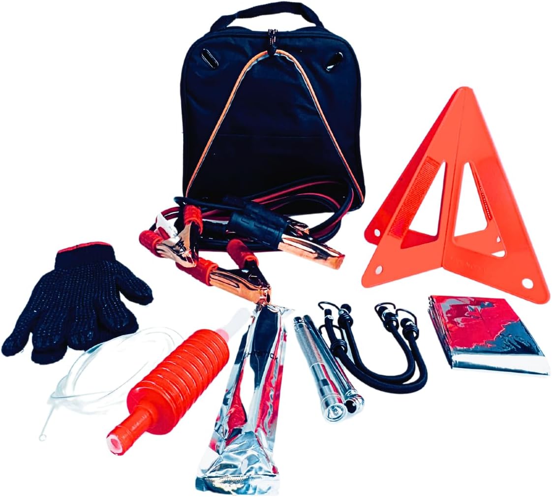 12-Piece Roadside Emergency Tool and Auto Kit with Jumper Cables, Warning Triangle, Gas Siphon, Mylar Blanket, Bungee Cords, Glow Sticks, Gloves, Flashlight, Tire Gauge, Carrying Case