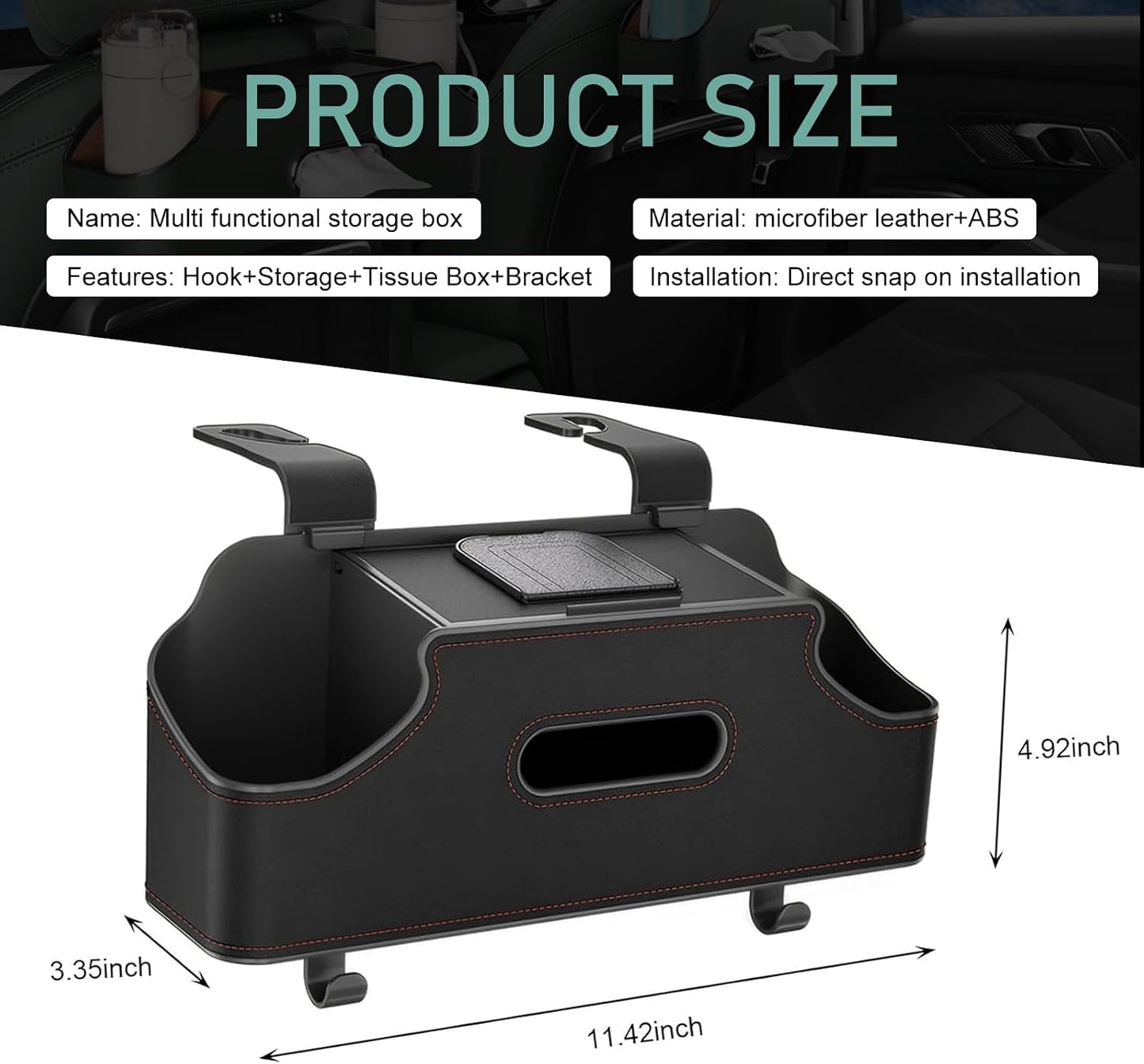 Car Seatback Organizer with Cup Holder, Leather Headseat Tissue Box and Storage Box, Multifunction Auto Rear-mounted Mobile Phone Holder, for Most Cars (Black)