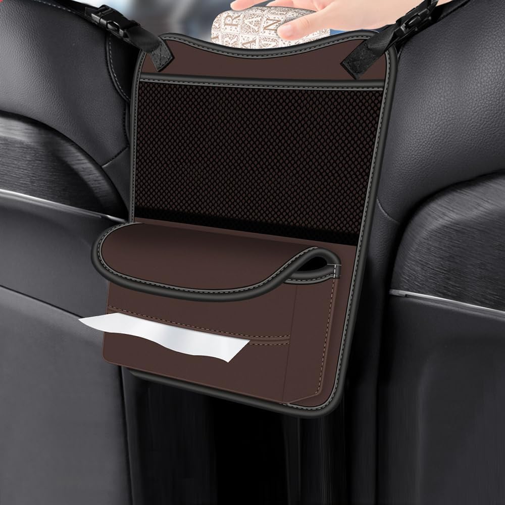 Car Purse Holder Between Seats Car Organizer, Leather Large Capacity Car Handbag Holder for Front Seat, Seat Back Net Bag Double-sided Tissue Storage Handbag Holder Car Accessories (Black)