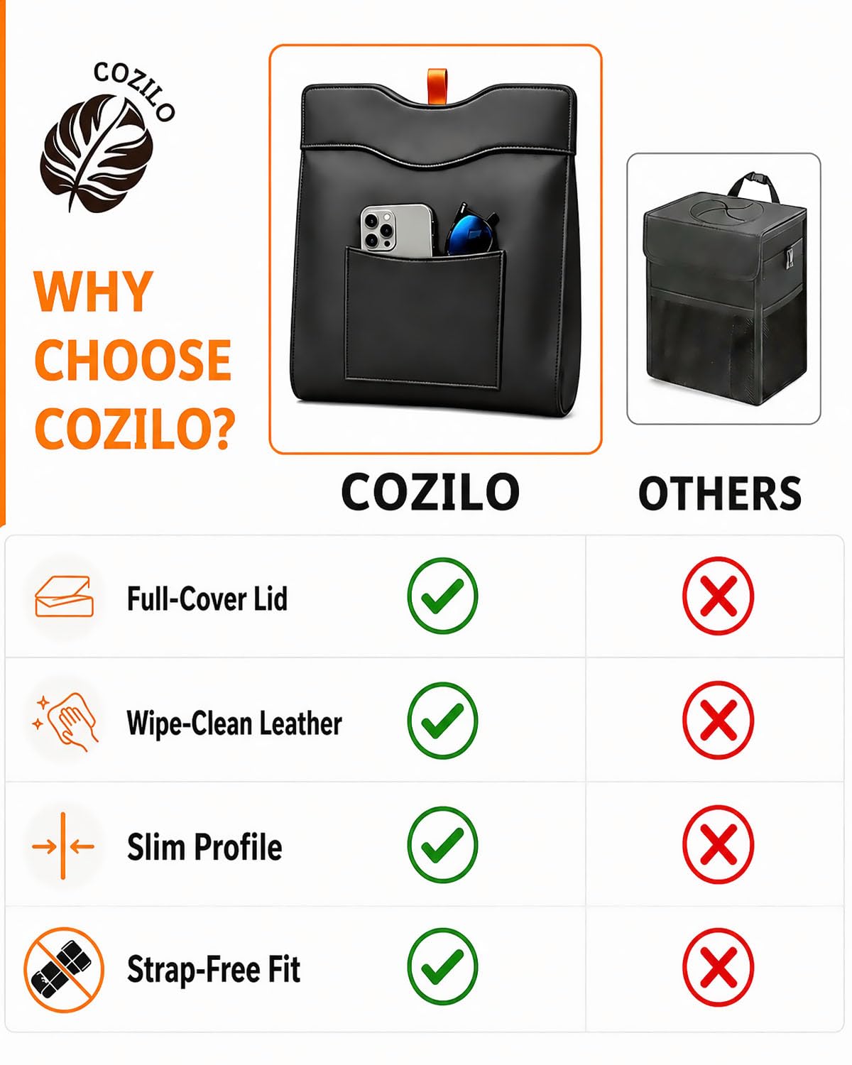 COZILO Leather Car Trash Can, Leak-Proof Odor-Lock Car Garbage Can with 60 Liners, Magnetic Closure & Liner-Hold, Storage Pocket, Metal Hooks, Hanging Car Trash Bin for SUV Sedan Truck, Black