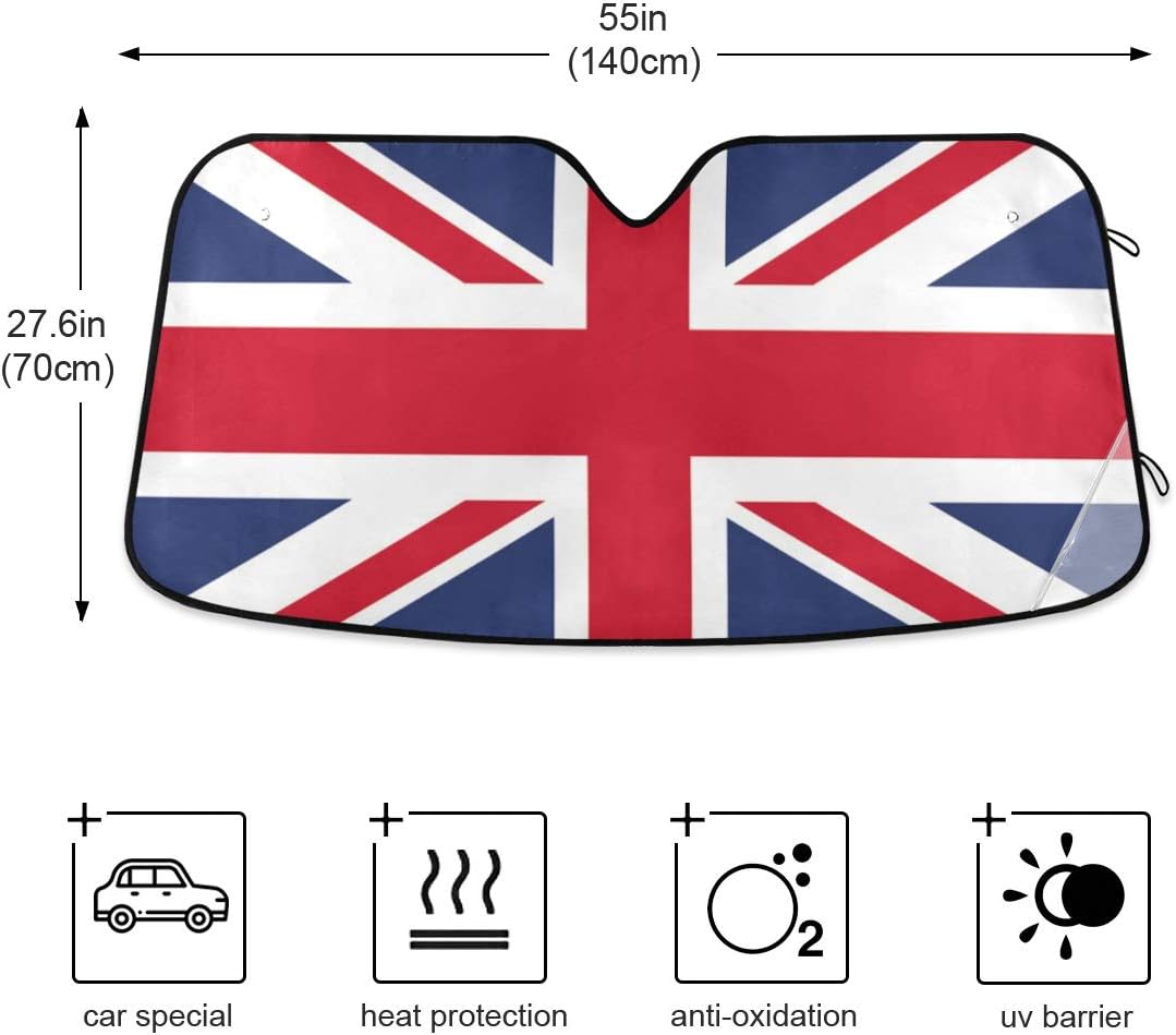 British Flag Union Jack UK Car Windshield Sun Shade Block UV Rays Sun Visor Protector Accordion Folding Sunshade Keep Vehicle Cool&Damage Free, Easy to Use, Fits Windshields of Various Sizes