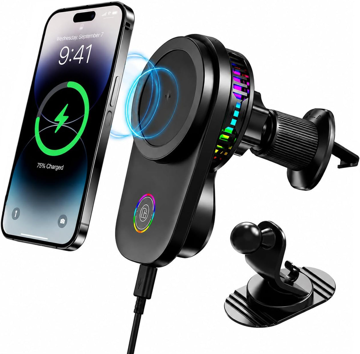 Upgraded 15W Wireless Car Charger Mount with Cooling Fan, MagSafe Magnetic Car Phone Holder, 360° Rotation, Vent & Dashboard Mount for iPhone 17/16/15 Pro Max, Samsung S25/S24