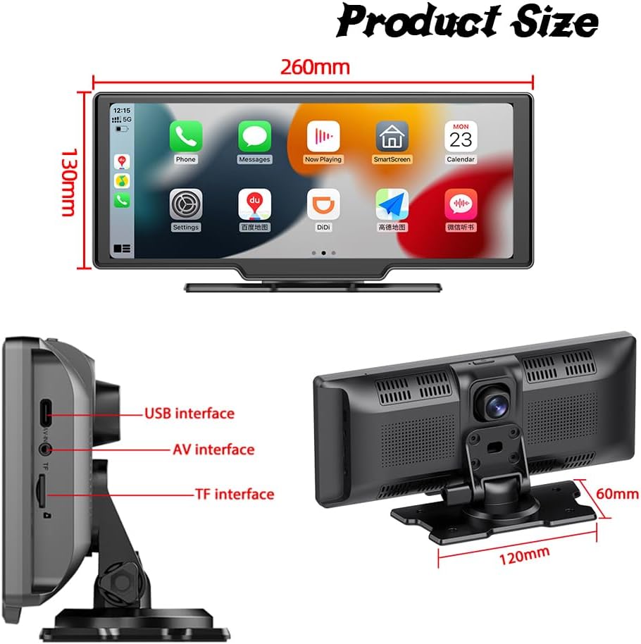 Portable Carplay Screen with Carplay & Android Auto, 10" Touch Screen with 2K Dash Cam, Rear Camera, Mirror Link, FM Transmitter, Split Screen, Bluetooth Car Radio