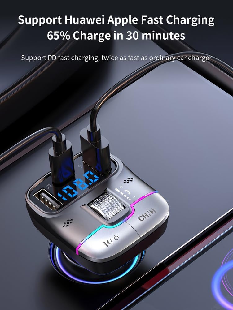 Bluetooth 5.3 FM Transmitter Car Adapter, Wireless Radio Music Adapter LED Display Hands-Free Calling Support USB Drive, PD & QC3.0 USB Charger