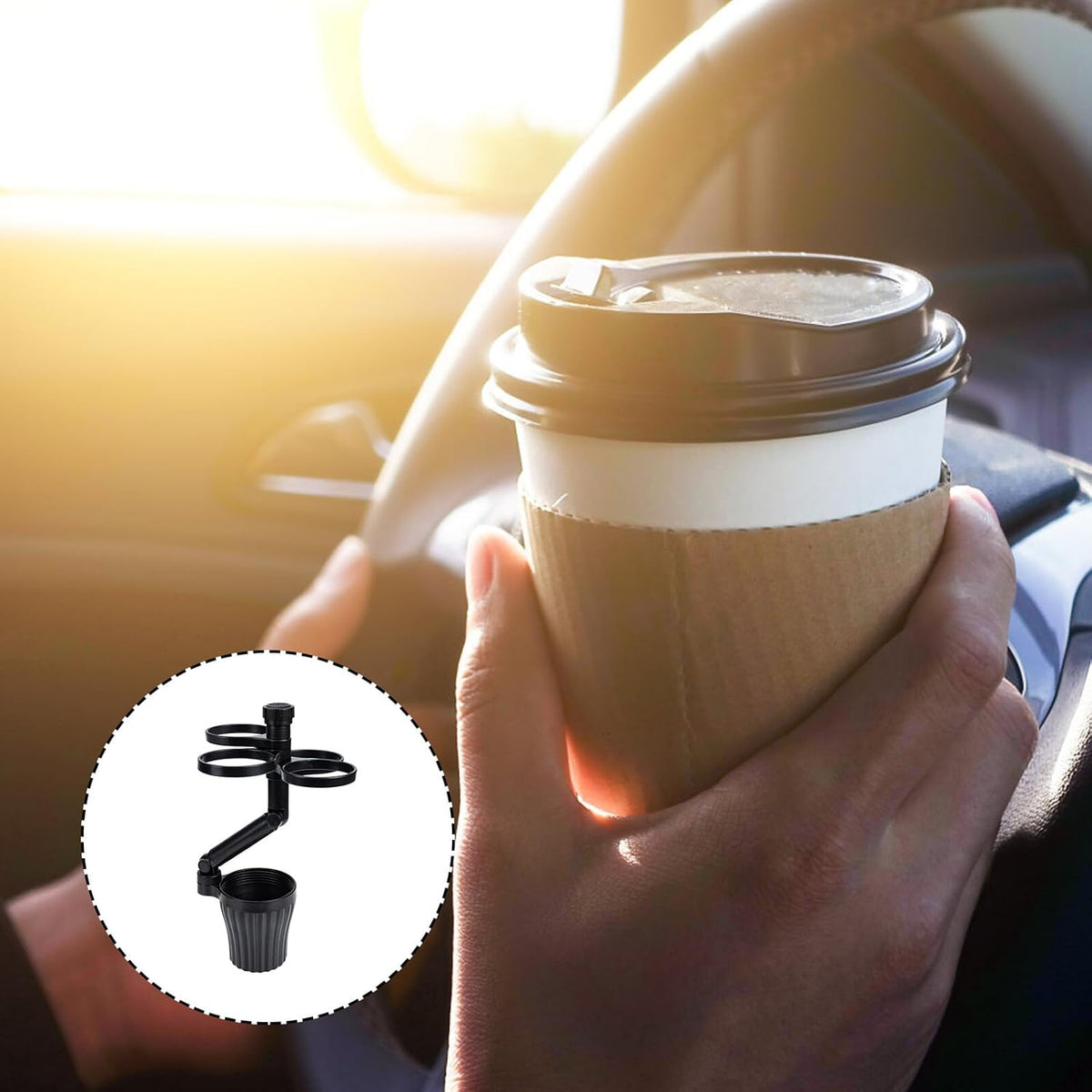 Car Cup Holder Expander Black 360 Degree Rotating Adjustable