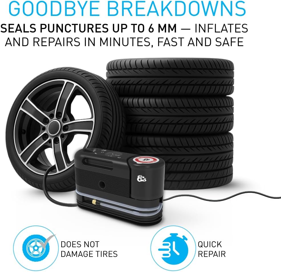 Fix&Go Sensor Tire Repair Kit with 12V Portable Air Compressor – TPMS Safe Eco-Friendly Tire Sealant – Flat Tire Repair kit for Cars, SUVs & Electric Vehicles – Swiss Engineered