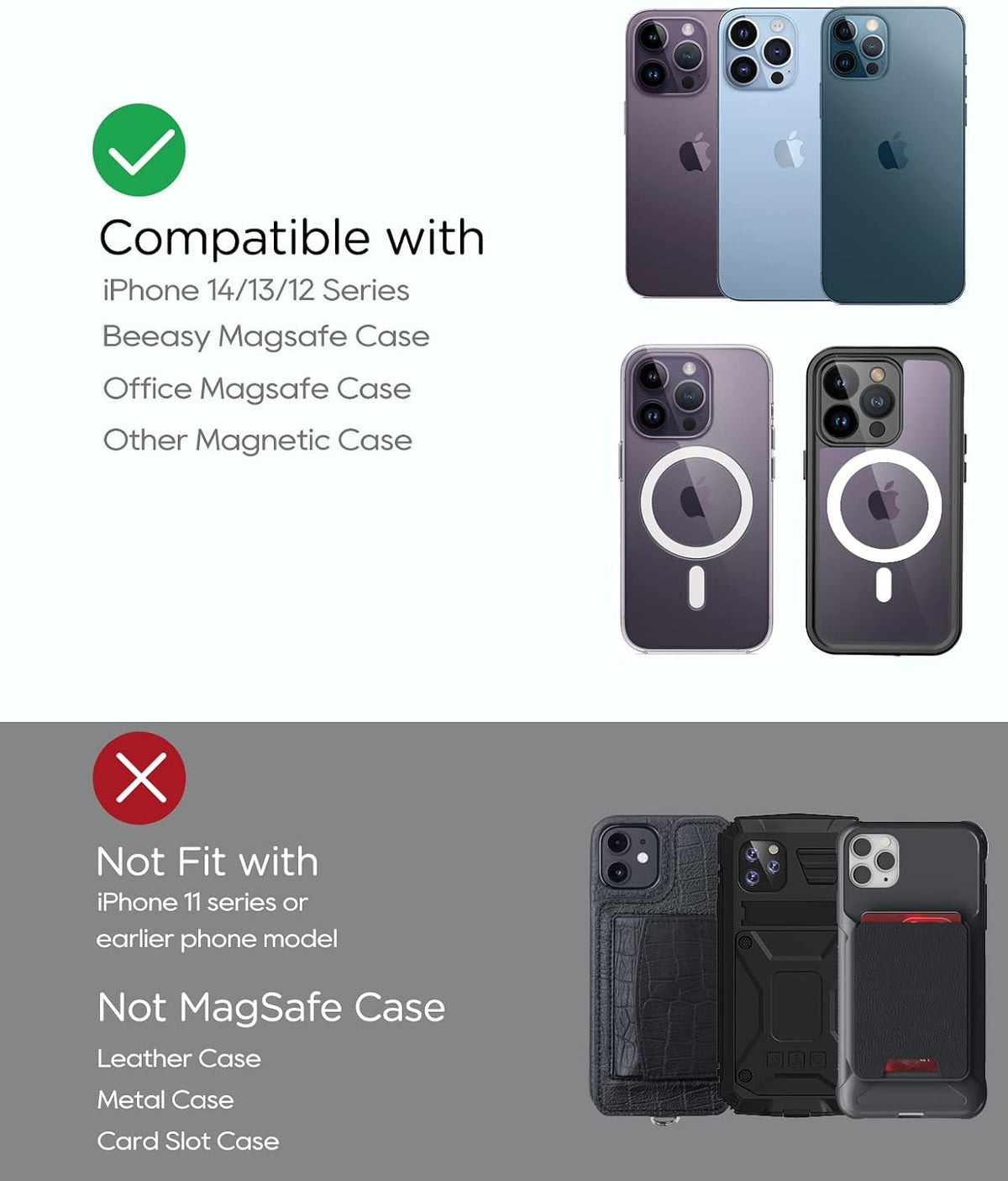 Beeasy for MagSafe Car Mount Charger, 15W Fast Charging Magnetic Wireless Car Charger, Car Phone Holder Mount for Vent ONLY Fit iPhone 12-17 Series and Magnetic Case