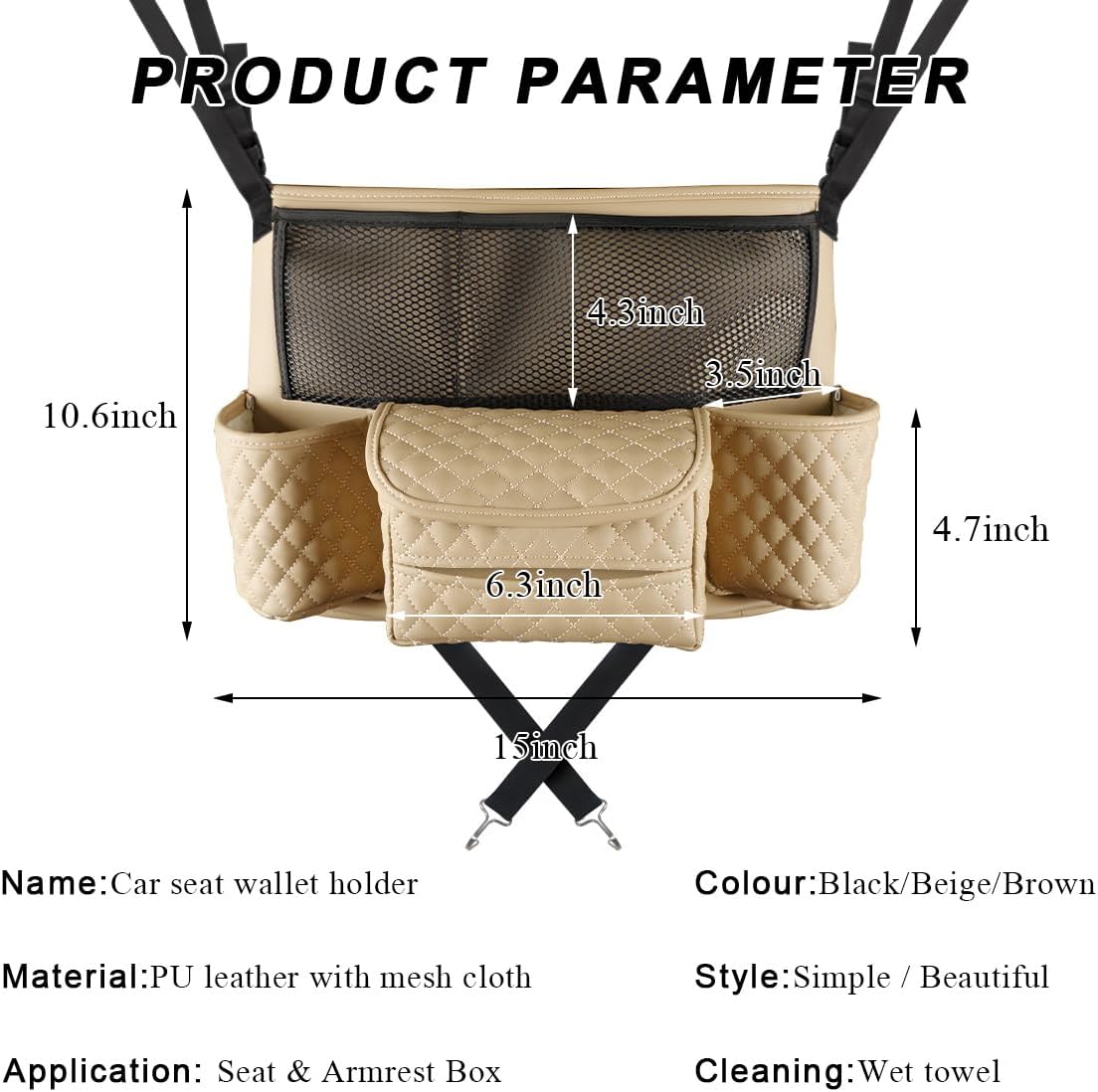 DXNQ Car Purse Holder Between Seats, Luxury Leather Front Seat Back Handbag Organizer with Tissue Box Cup Holders, Auto Large Capacity Multi Pocket Purse Holder Hanging Storage Bag (Beige)