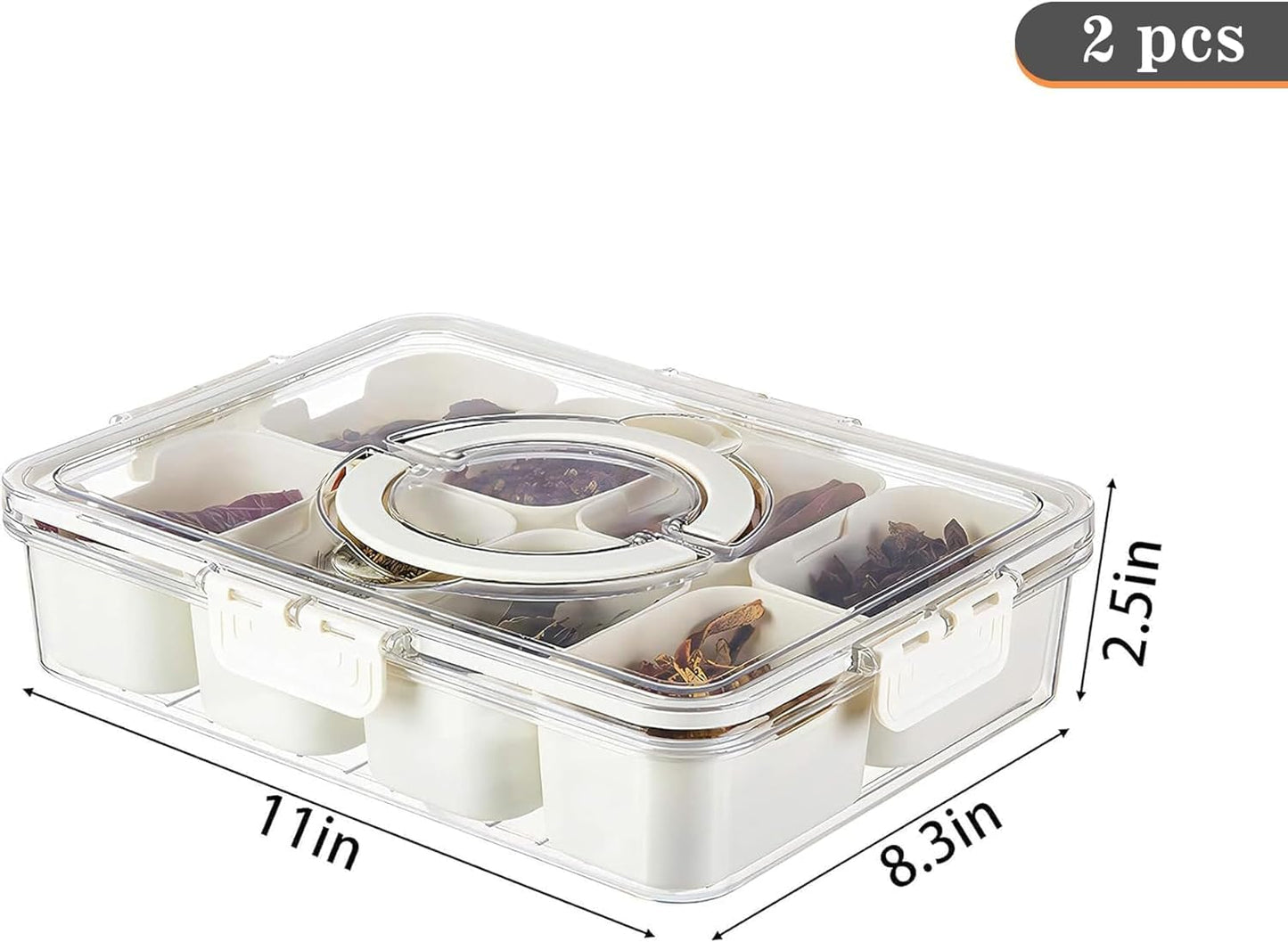 2Pack Divided Veggie Tray with Lid and Handle 8 Compartment Serving Tray with Dividers Portable Travel Snack Containers Stackable Snackle Box Charcuterie Container for Fruit,Vegetable,Salad