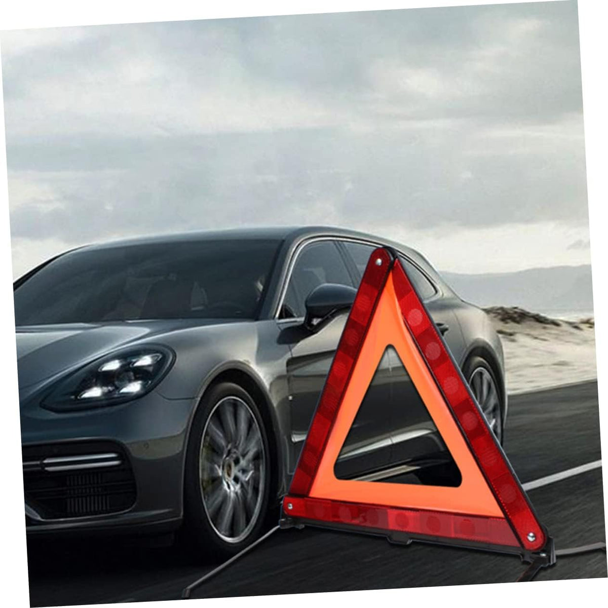 Reflective Roadside Hazard Warning Triangle Sign with Weighted Base