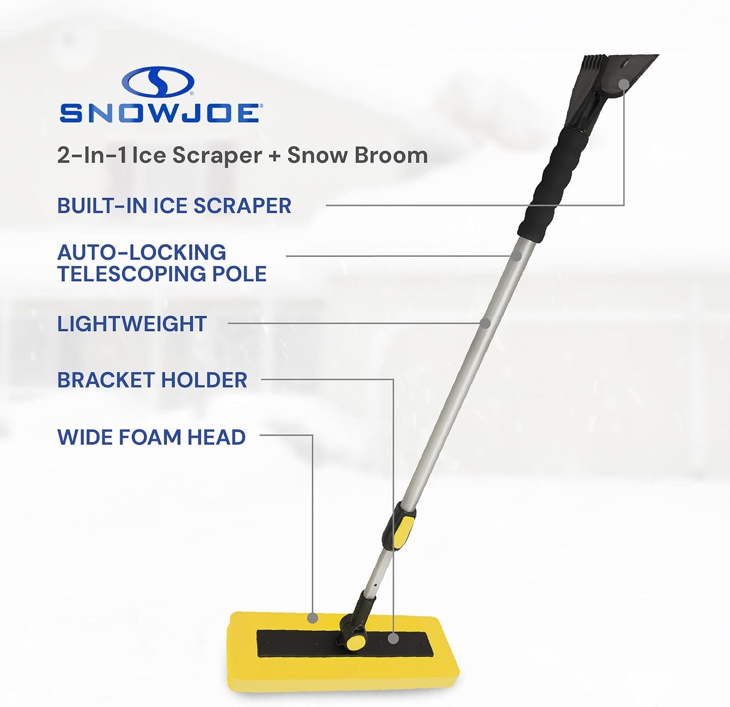 Snow Joe 2-in-1 Telescoping Snow Broom and Ice Scraper with 18-Inch Non-Scratch Foam Head - Car Cleaning Tool with Long Extendable Handle for Windshield, Roof, Truck, and SUV, SJBLZD-PRX