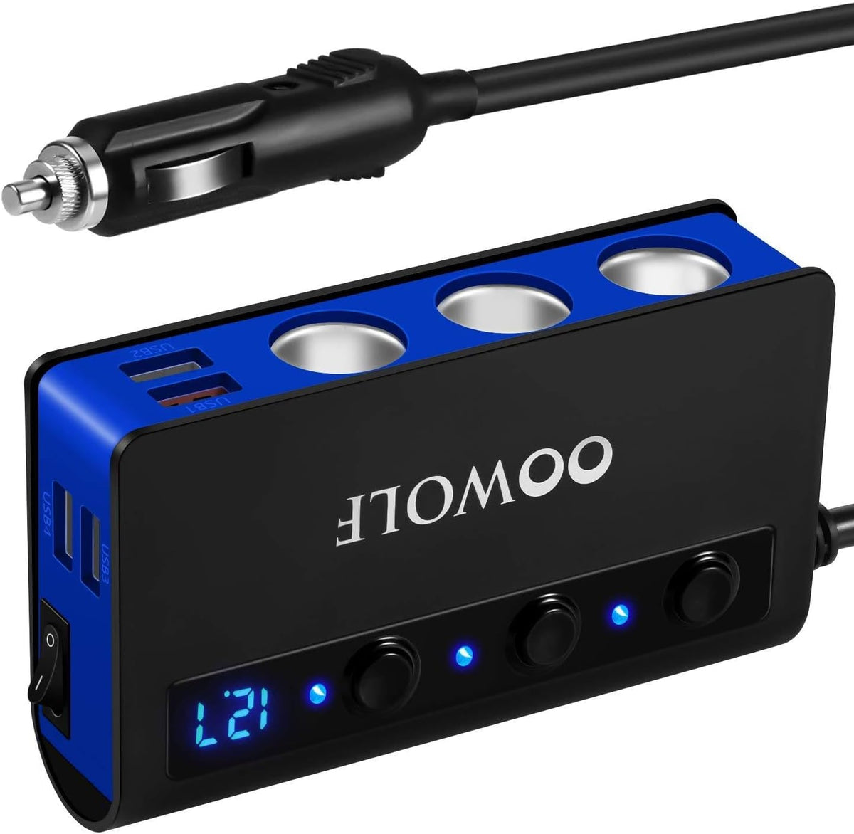 OOWOLF 7 in 1 Cigarette Lighter Splitter, 180W Quick Charge 3.0 12V/24V 3-Socket Car Charger Adapter, 4 USB Ports Car Power Adapter Car Splitter, Independent Switches, LED Voltmeter, 2.3FT Cable
