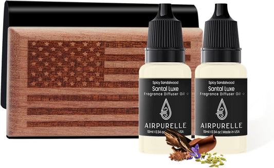 AirPurelle Car Air Freshener with Metal Clip Wood Air Freshener, 100 Days Long Lasting Spicy Sandalwood Scent, Includes 2x 10ML Refills, 0.68 FL OZ, Made in USA, Car Auto Accessories