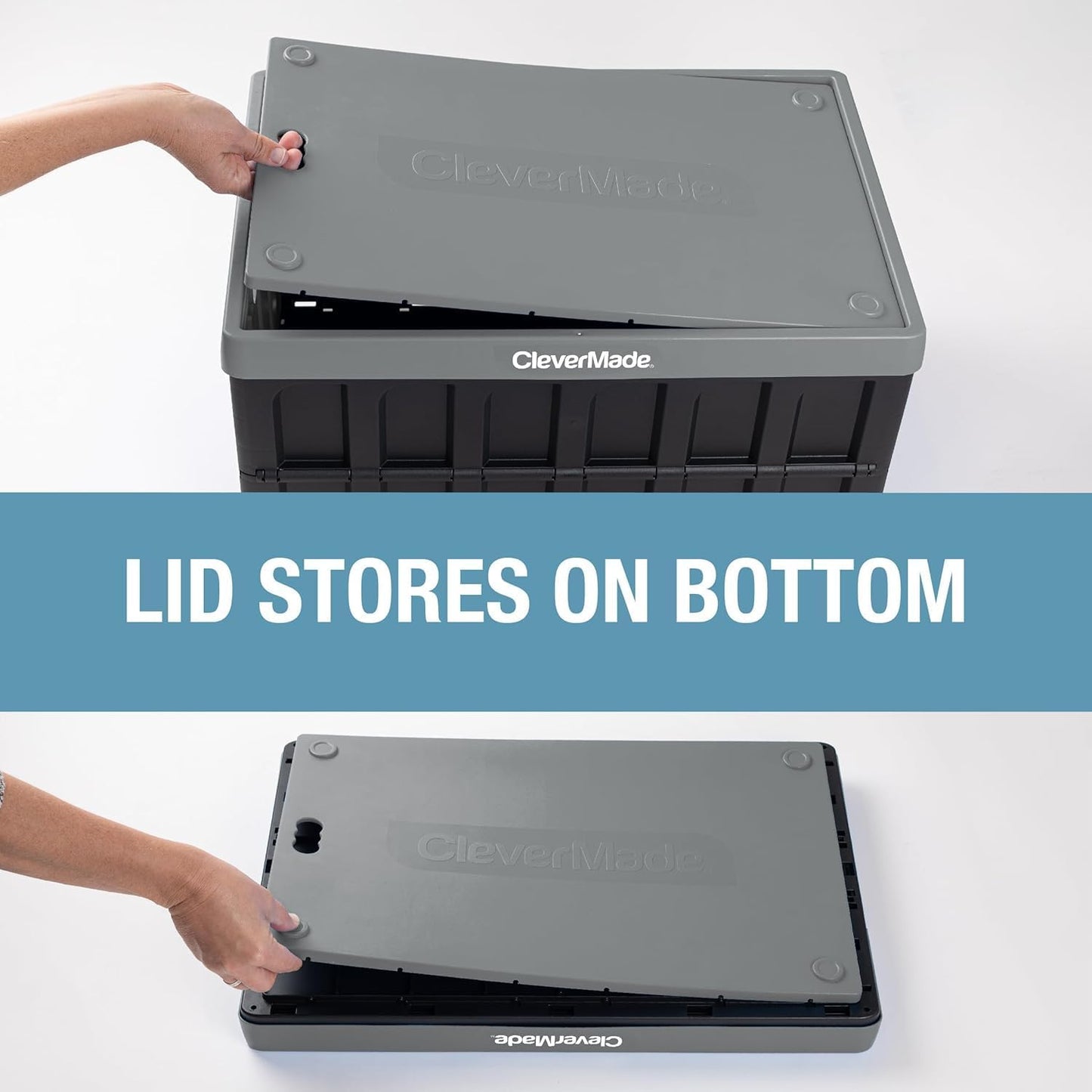 CleverMade Collapsible Plastic Storage Bins with Lids, 46L 3 Pack, Stone | Integrated grips simplify carrying through garages, closets and trunks, with a stack-ready shape that keeps supplies orderly