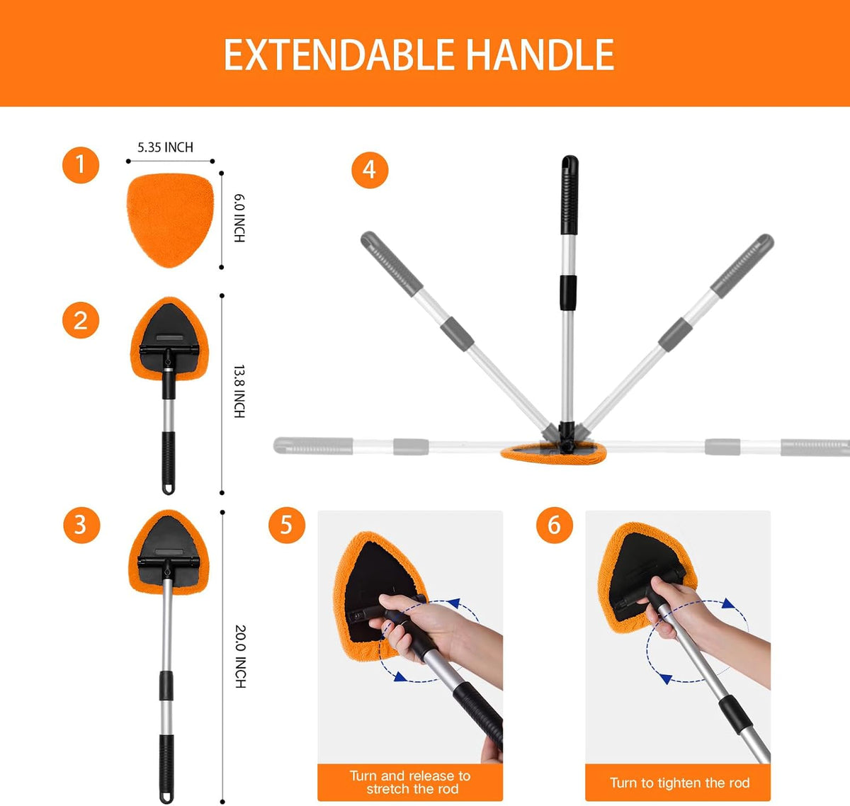 Qydipclin 10pcs Windshield Cleaner Tool, Car Window Cleaning Wash Kit with 4 Reusable Microfiber Pads 1 Spray Bottle and Extendable Handle Auto Glass Wiper Kit, Orange