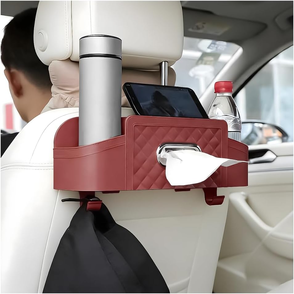 Car Headrest Backseat Organizer, Multifunctional 4-in-1 Back Seat Tissue Box with Cup Holder & Hooks, Auto Interior Seat Back Storage Box for Phone, Snack, Drinks, Universal Fit (Black)