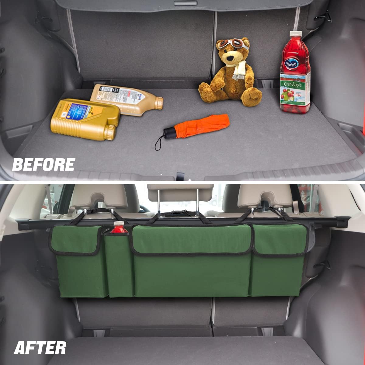 AUCELI Car Trunk Organizer, Backseat Hanging Large Storage with Adjustable Straps, Waterproof Collapsible Cargo Bag with 4 Pockets, Sturdy Space Saver Frees Trunk Floor for SUV, Truck, MPV