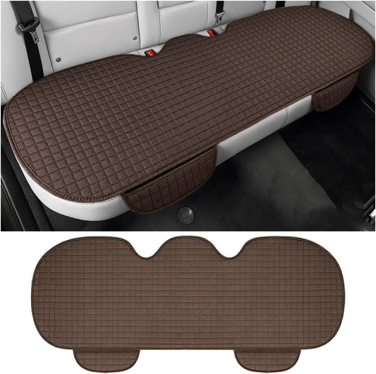 Car Back Seat Cover, Linen Breathable Vehicle Rear Bottom Bench Seat Protector with Storage Pocket, Anti-Slip Comfortable Long Automotive Rear Chair Cover, Universal for Vehicles (Coffee)