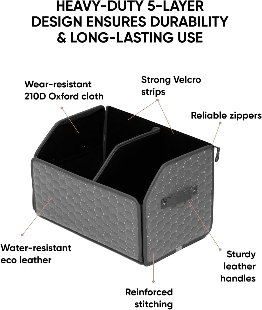 Owleys Foldable Trunk Organizer for Car - Collapsible Auto Trunk Organizer with Lid - Small and Large Cargo Organizer - Trunk Storage Box with 2 Compartments - Gray 17