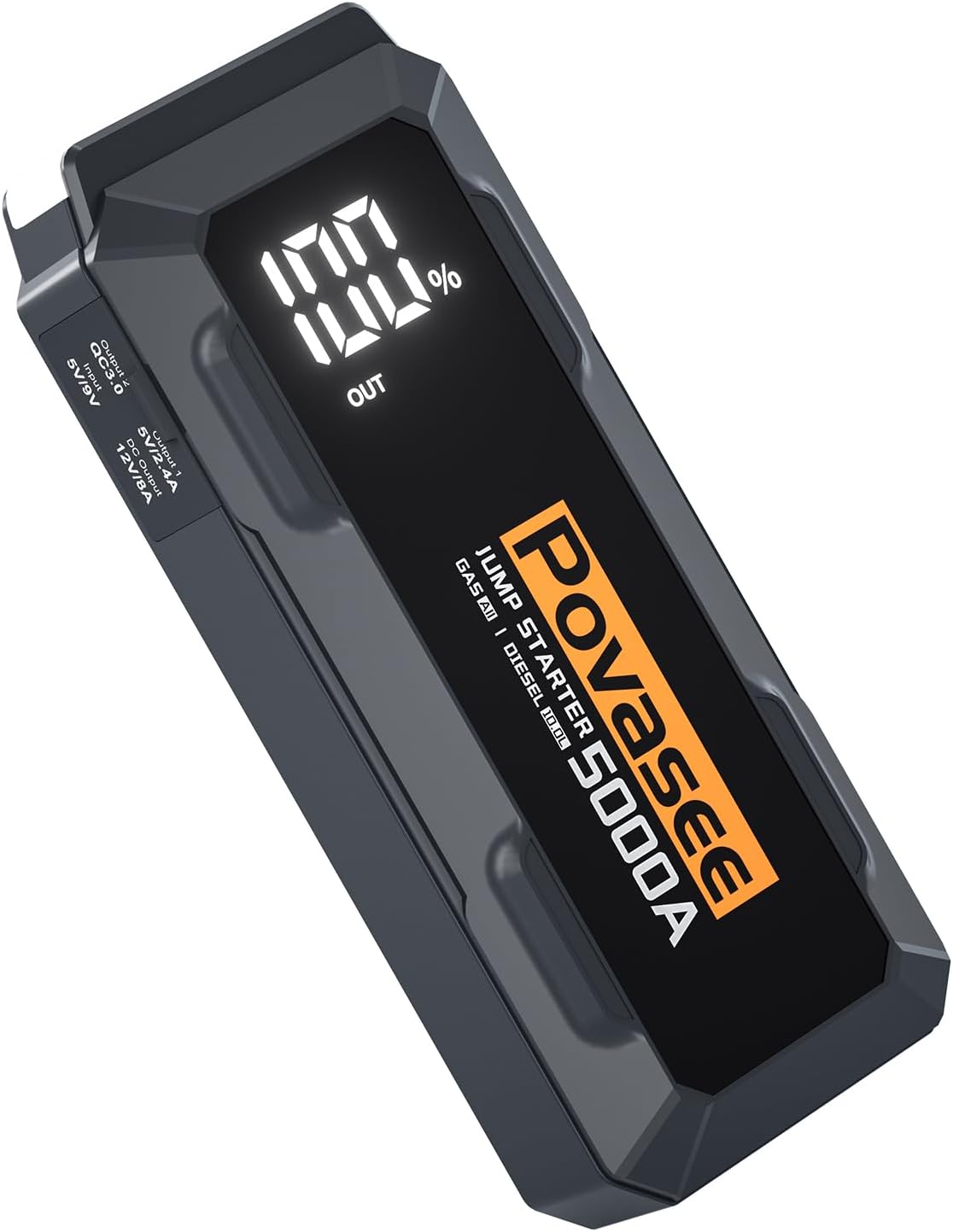 Povasee Car Battery Jump Starter 5000A Jump Box (All Gas/10L Diesel) Portable Car Jump Starter Battery Pack, 12V Jumper Starter Portable 3" LCD Display/Dual Output/LED Light DC