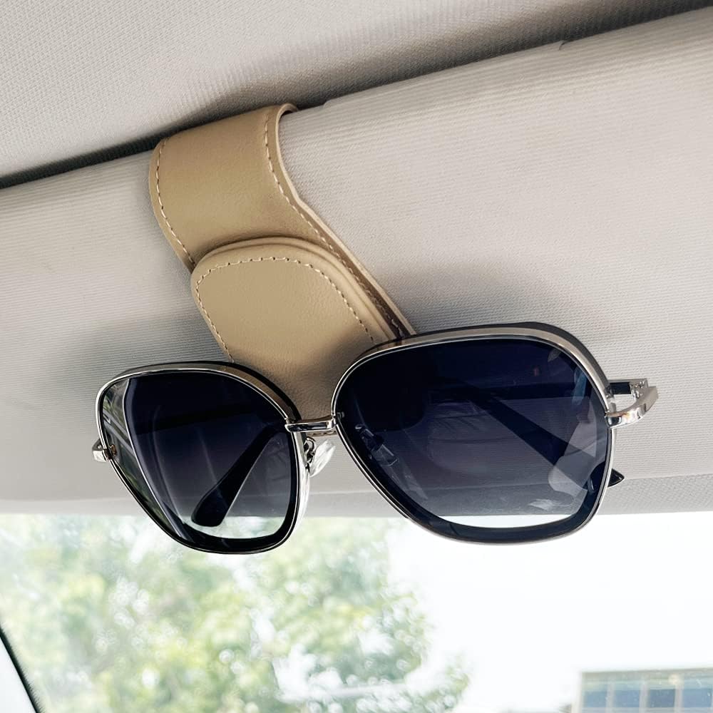 2Pcs Sunglass Holder for Car, Magnetic Leather Eyeglass Hanger Clip for Car Sun Visor, Sunglasses Holder and Ticket Card Clip for Car Visor Accessories (Beige)
