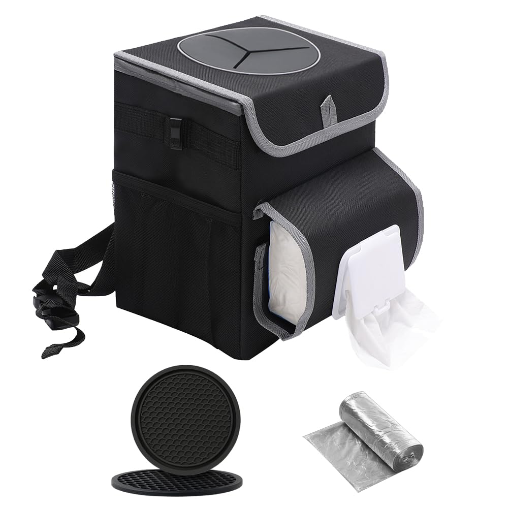 upra Car Trash Can with Lid,Bag Hanging Storage Pockets,Adjustable Tissue Holder & Straps,Portable Waterproof Garbage Bin, 1.98 Gal Large Capacity Multipurpose Bin