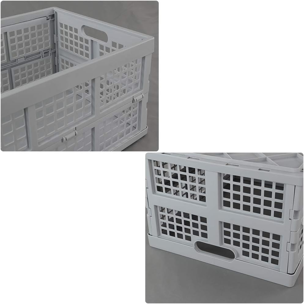 Hespama 2 Pack 35 Quart Plastic Folding Collapsible Milk Crate Basket, Grey