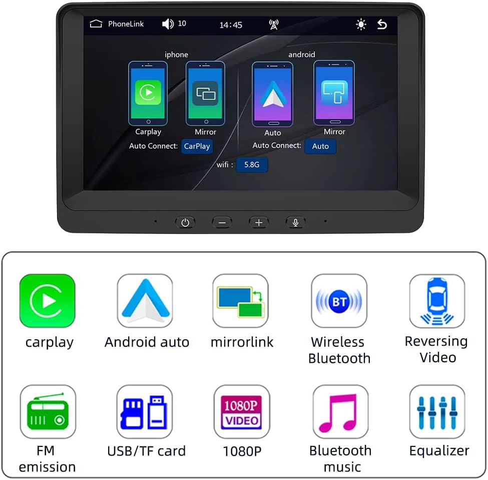 Eaglerich Car Stereo Receiver Wireless Carplay & Android Auto Portable Screen 7-inch 2.5D IPS Touchscreen Bluetooth Mirror Link FM Transmitter Built-in Speaker TF USB AUX+4LED Camera