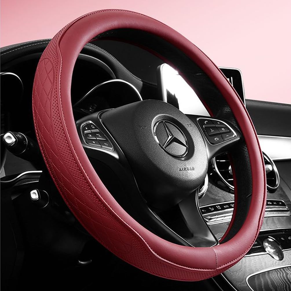 Burgundy Steering Wheel Cover, Premium Perforated Synthetic Leather with Odorless Rubber Inner, Non-Slip Universal Fit for Sporty and Luxury Car Interiors (Burgundy)
