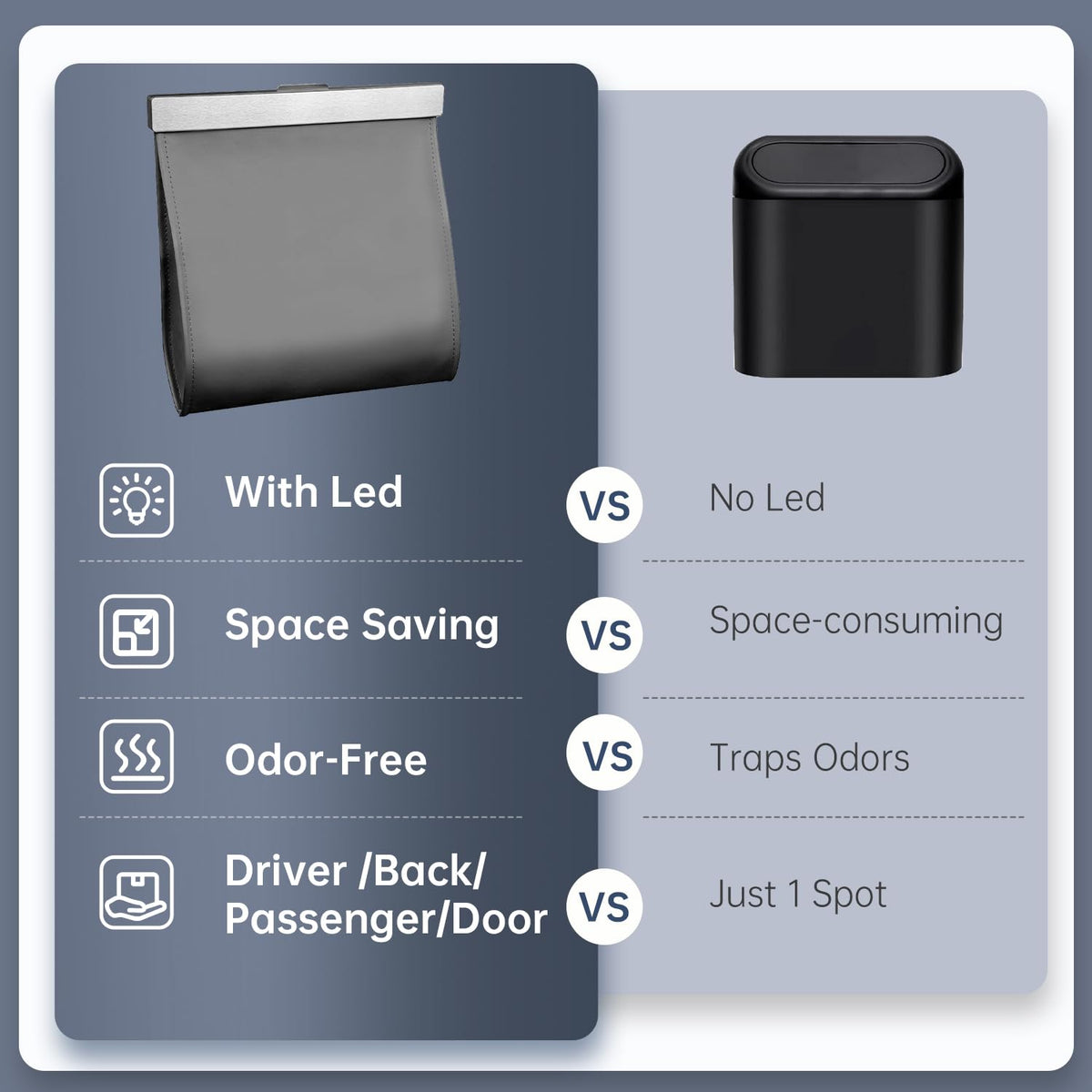 Leather Car Trash Can with Smart LED Light & Magnetic Closure