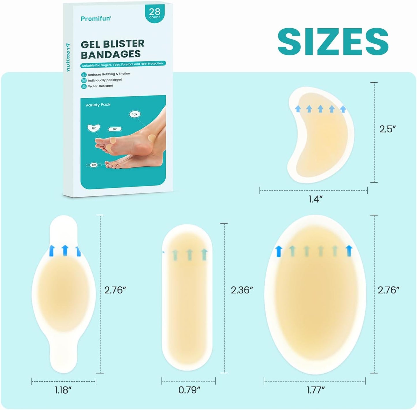 Promifun Blister Pads - 28 ct Water Resistant Hydrocolloid Bandages for Foot, Toe, Heel - Gel Blister Cushions for Prevention & Recovery, Variety Pack