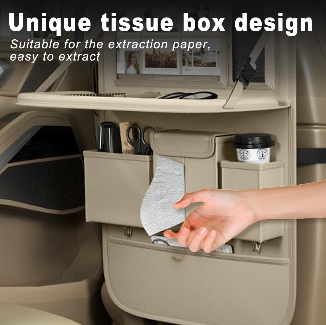 XDV Car Seat Organizers,Multi-functional Back Seat Protectors, Storage Pouches, and Tray Holders (for Cars, Kids, Seat Back and Rear Seats) (Plain Beige, 2 Pcs)