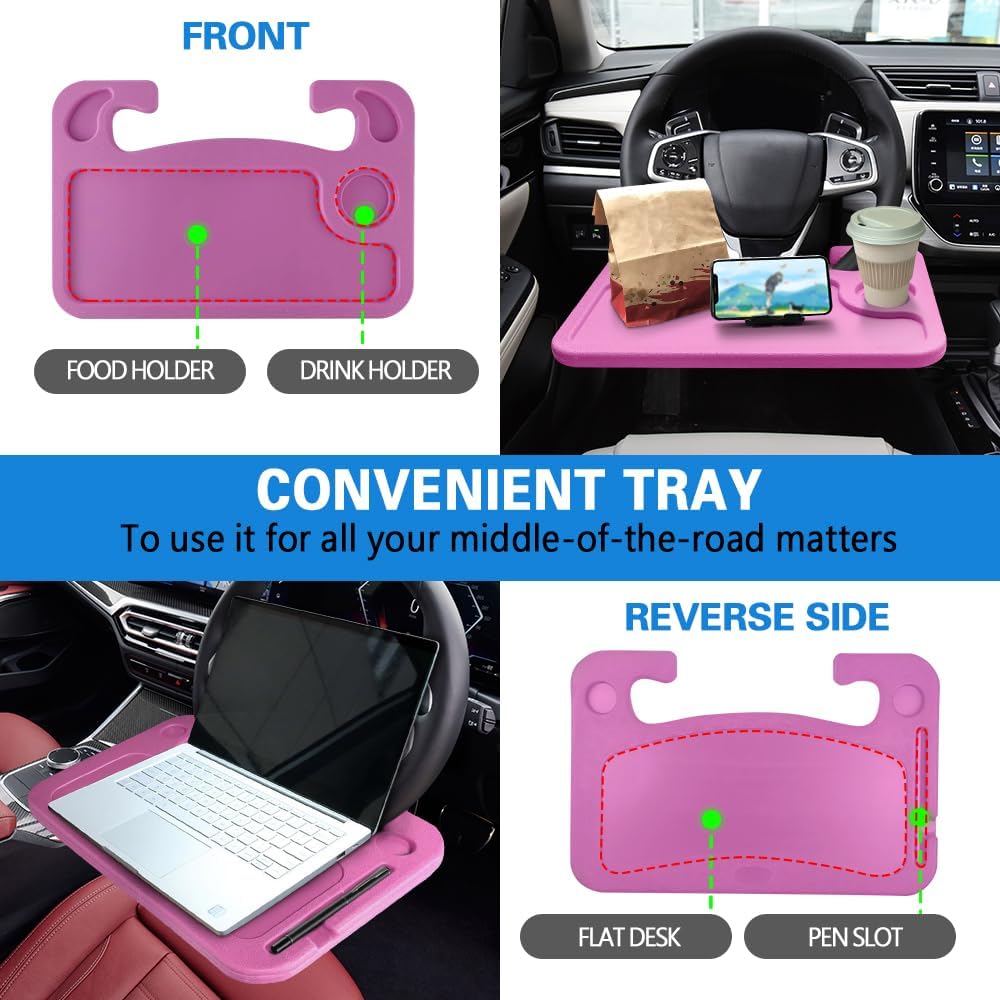 Car Steering Wheel Desk, Steering Wheel Tray, Computer Office Car Table Tray, Travel Car Accessories Multipurpose Auto Travel Table with Food Hook and Eating Tray for Most Vehicles (Pink)