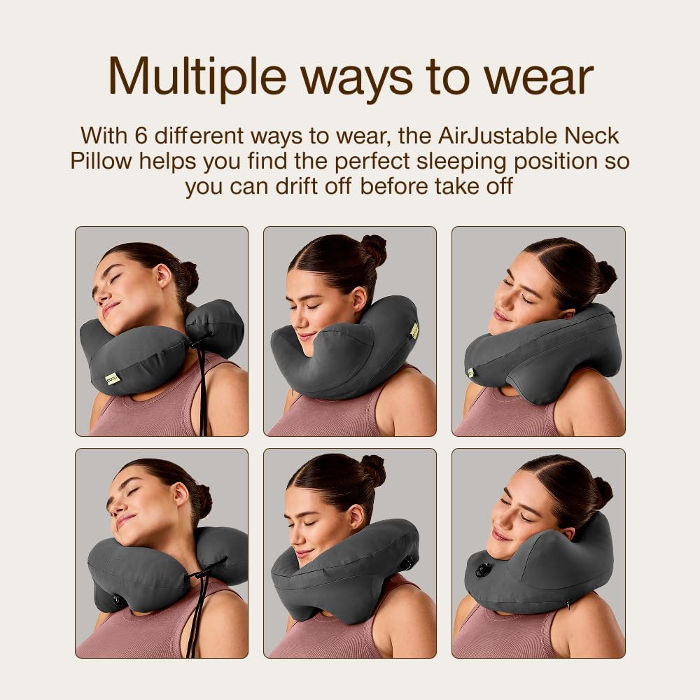 Coop Home Goods AirJustable Travel Neck Pillow, Inflatable, Adjustable Support for Neck & Chin, Compact, Soft Memory Foam Comfort, Airplane Travel Essentials, Cooling & Washable Cover
