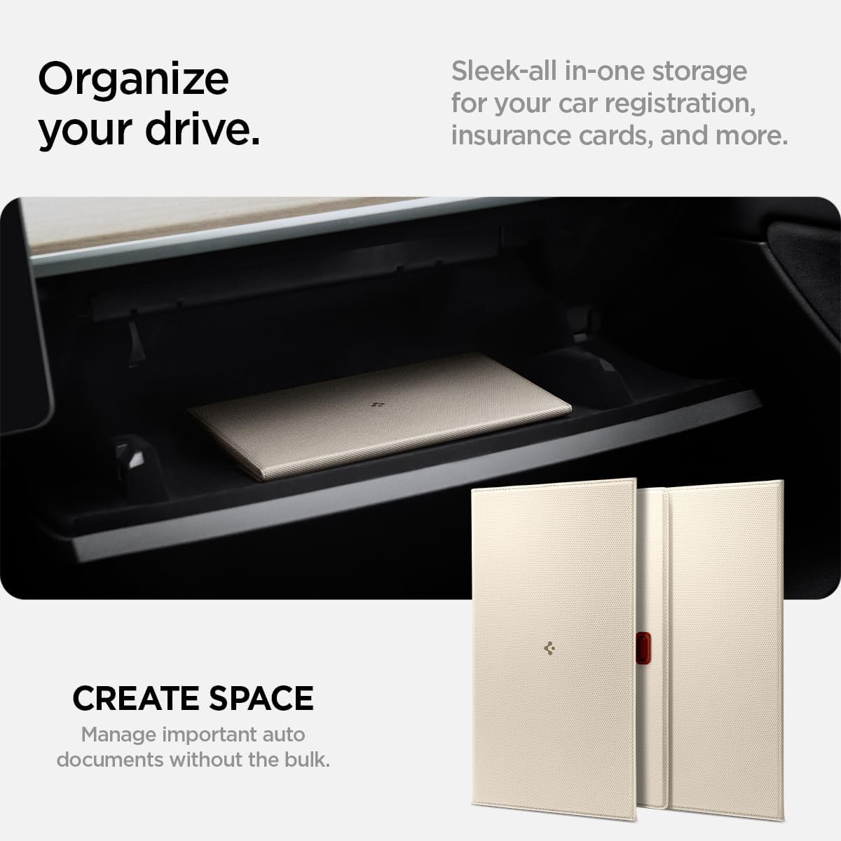Spigen Hyper-Slim Car Registration and Insurance Card Holder for All Cars | ID License Car Essential Documents Holder [Tesla Model Y Juniper L (2026) & 3/Y/S/X/Cybertruck] - Dune Beige
