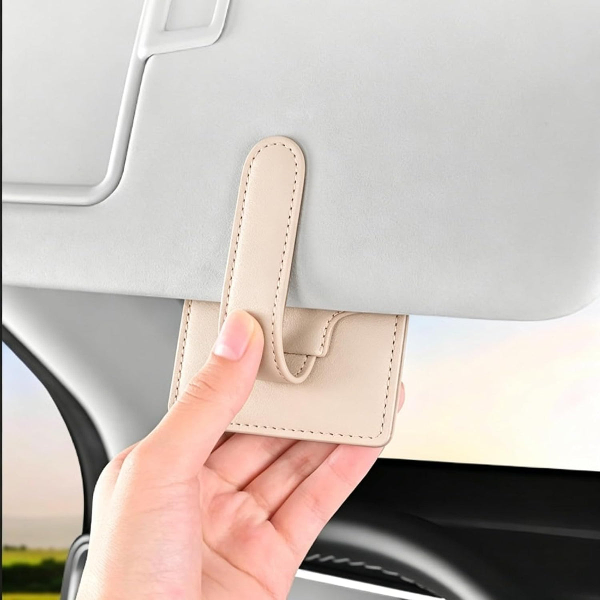 2 Pack Leather Car Picture Holder Photo Framed Elastic Car Visor Pen Holder Metal Visor Clip License Card Auto Trucks Van SUV Visor Organizer Accessories Gift (Picture and Pen Holder Beige)