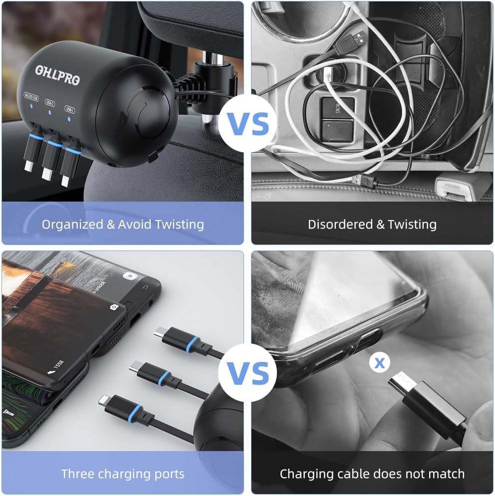 OHLPRO Multi Car Retractable Backseat 3 in 1 Car Charging Station Box