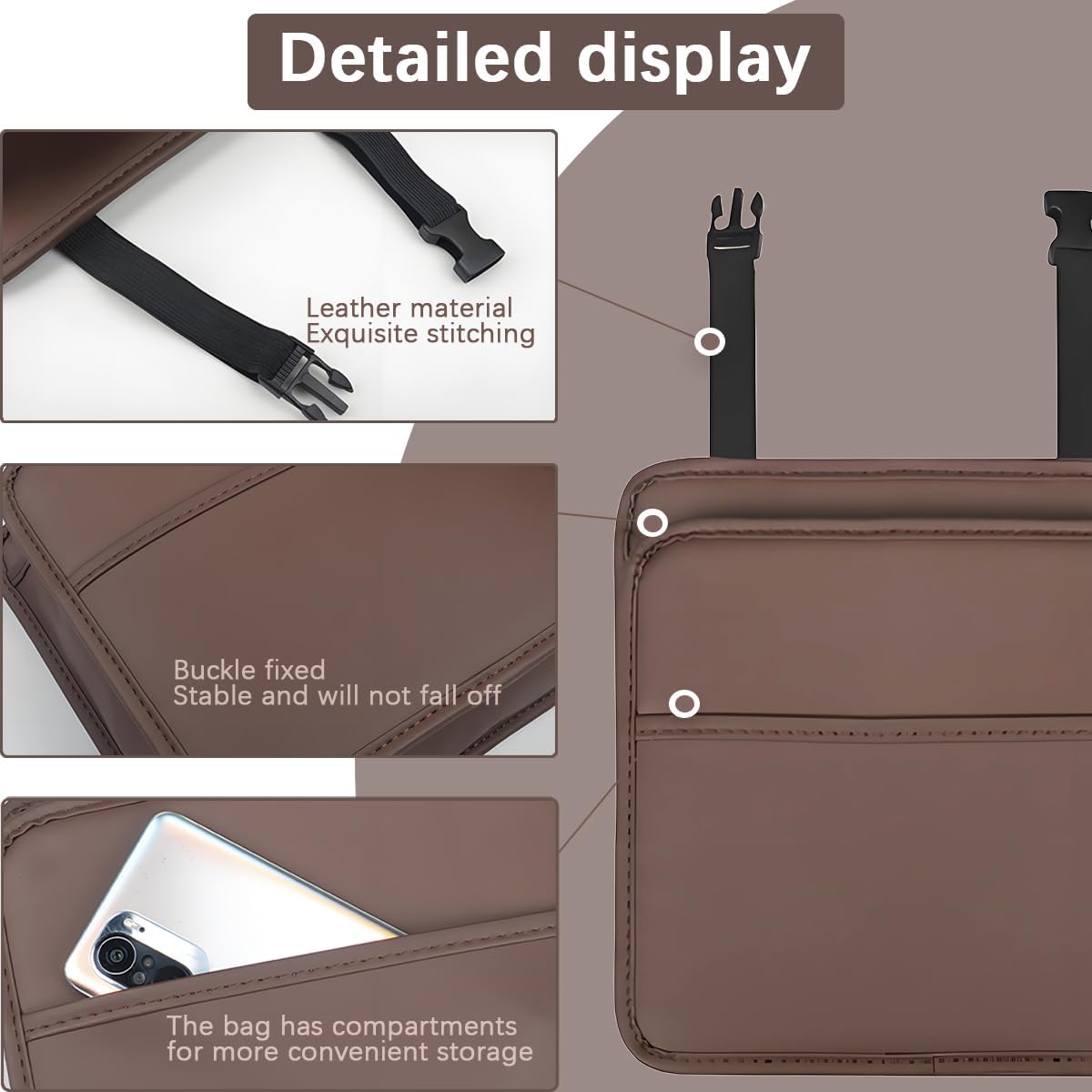 Zpana Car Seat Back Organizer, Leather Multipurpose Hanging Vehicle Backseat Headrest Storage Bag, Automotive Pouch Pocket Organizer for Kids & Adults, Universal for Truck SUV Sedan (Black)