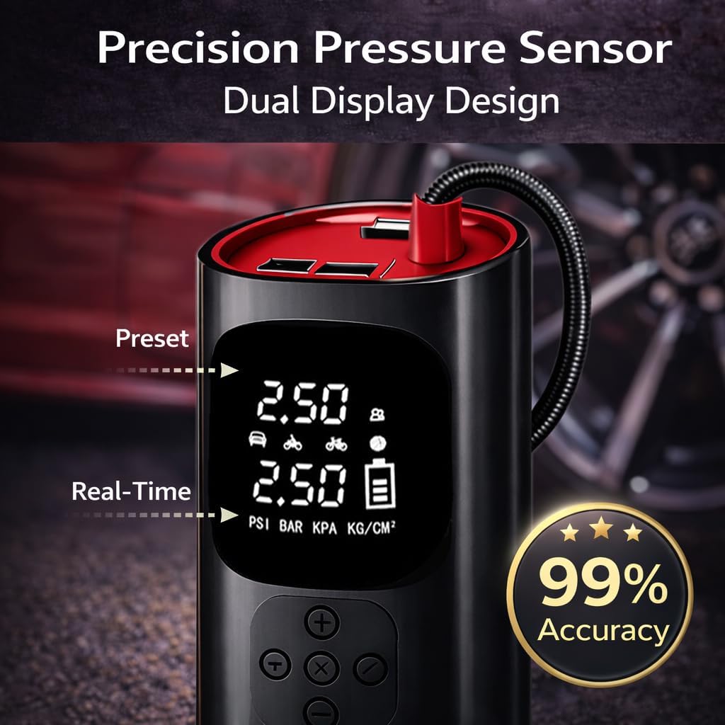 Tire Inflator Portable Air Compressor - 3X Faster 150PSI Air Pump for Car Tires, 12V DC Cordless Tire Inflator with LED Light & Digital Pressure Gauge, Electric Pump for Car, Bike, Motor, Ball