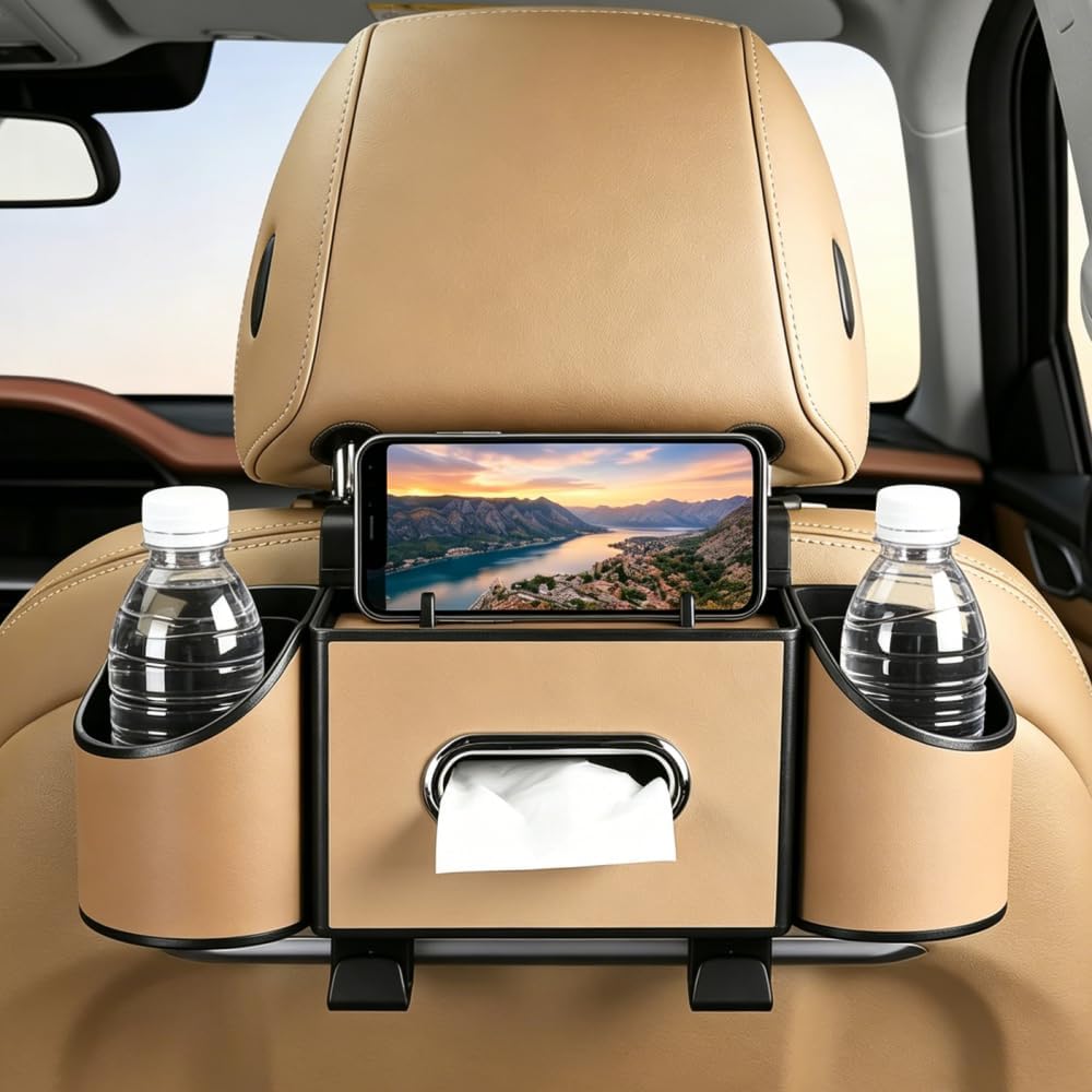Back Seat Car Organizer, Nappa Leather Car Seat Organizer with Cup Holders and Tissue Box, Premium Hanging Storage Bag for SUV Truck Road Trip (Light Brown)