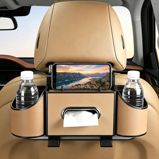 Back Seat Car Organizer, Nappa Leather Car Seat Organizer with Cup Holders and Tissue Box, Premium Hanging Storage Bag for SUV Truck Road Trip (Light Brown)
