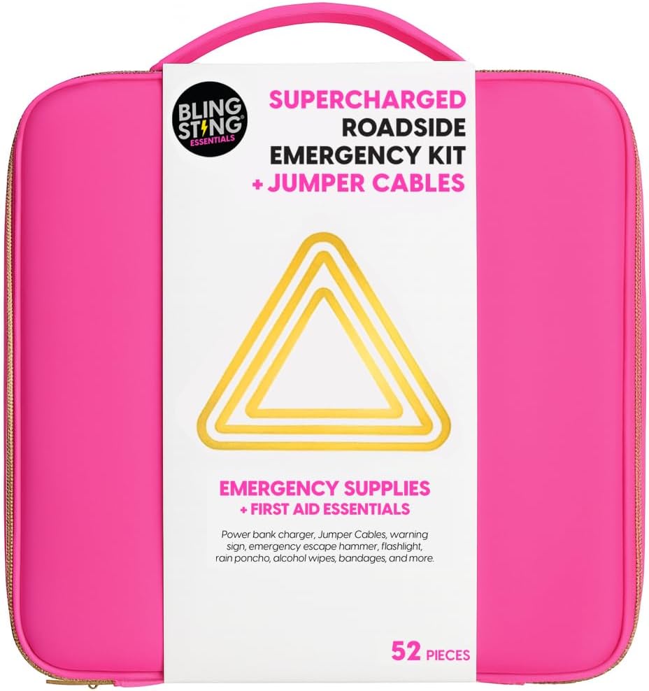 Supercharged Car Emergency Kit – 52-Piece Pink Roadside Safety Tools with Jumper Cables, Flashlight, Escape Tool &amp; First Aid Essentials – Compact Travel Case for Women, New Drivers &amp; Students
